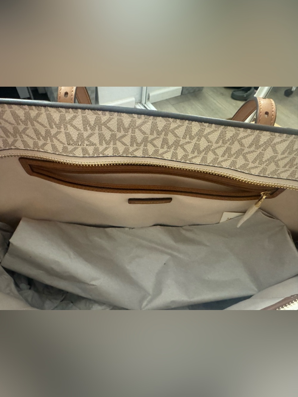 Michael Kors Beige Signature Tote with Brown Trim and Gold Charm - Picture 5 of 6